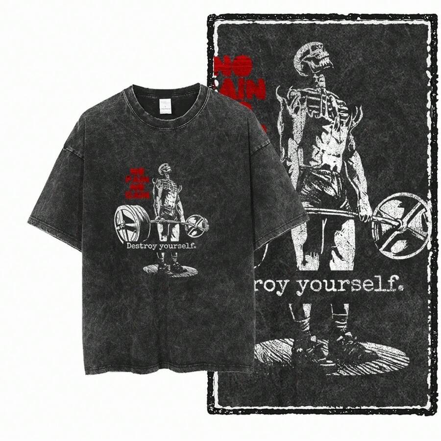 Tenue d'été pour hommes, t-shirt, tenue d'été pour hommes et femmes, t-shirt surdimensionné - Style vintage délavé à l'acide - Amusant pour la gym, la musculation et le soulevé de terre - A - Voir 1