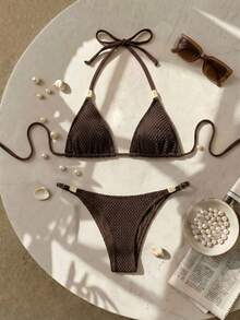 Brown Solid Textured Fabric Women's 2-Piece Bikini Set, Triangle Top With Metal Decor, Spaghetti Straps Summer - Coffee Brown - View 4
