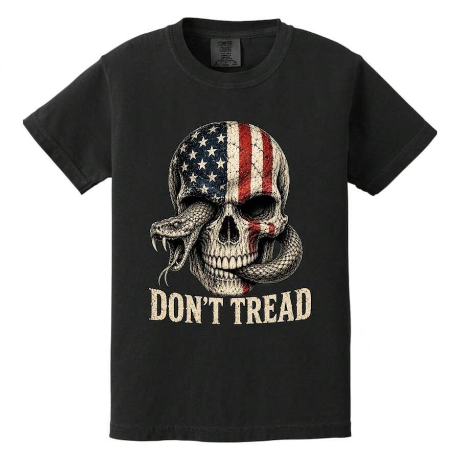 Unisex T-Shirt Made Of Pure Cotton, American Skull Snake T-Shirt – Don't Tread USA Flag Biker Tee, Don't Tread Skull Shirt – Blouse, Basic Tops, Tops. - Black - View 1