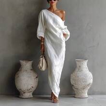 Women's One Shoulder Maxi Dress Loose Fit Batwing Sleeve Elegant Vacation Beach Dress - 白色 - 查看 8