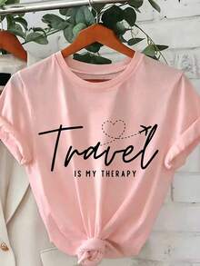 Women's Cotton T-Shirt, "Travel Is My Relax" Letter,Airplane & Heart Print,Pink Loose Round Neck Short Sleeve Tee,Breathable For Summer Daily Wear - 粉色 - 查看 2