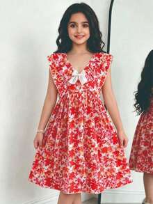Girls Casual Floral Print Decor Bowknot V-Neck Short Puff Sleeve Ruffle Hem Knee-Length Dress, Spring/Summer - Red - View 1