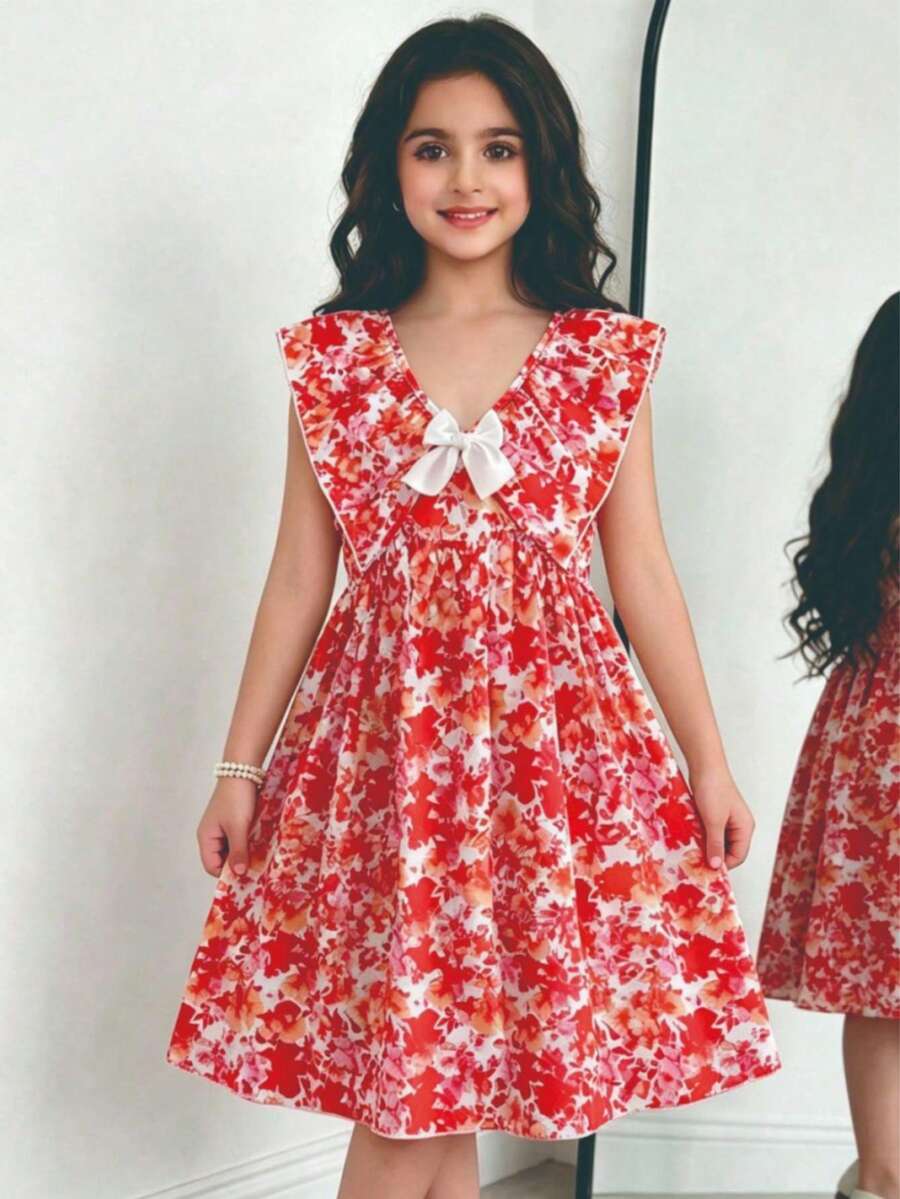 Girls Casual Floral Print Decor Bowknot V-Neck Short Puff Sleeve Ruffle Hem Knee-Length Dress, Spring/Summer - Red - View 1