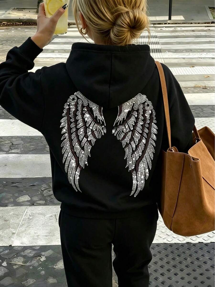 1件少女休闲印花套头卫衣,保暖内衬,长袖,秋冬季学生青少年服装 - 黑色 - 查看 1