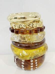 imoli 7pcs/Vintage Tortoise Shell Resin And Gold Polished Stackable Wide Round Bangles Metal Inlaid Bracelets With Gold Foil Decoration, Personalized Wrist Jewelry, Suitable For Beach Vacation, Daily Wear, Party, Club, Date - Multicolor - View 6