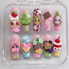 Handmade Nails Press On,Hard And Durable Nail Art,Handmade Kawaii Dessert Press On Nails | Shopkins-Inspired Characters, Chocolate, Donut & Ice Cream | Long Coffin Nails For Cute Sweet Vibes Summer Nail Art / Applicable To 899 Regions - 玫紅色 - 查看 1