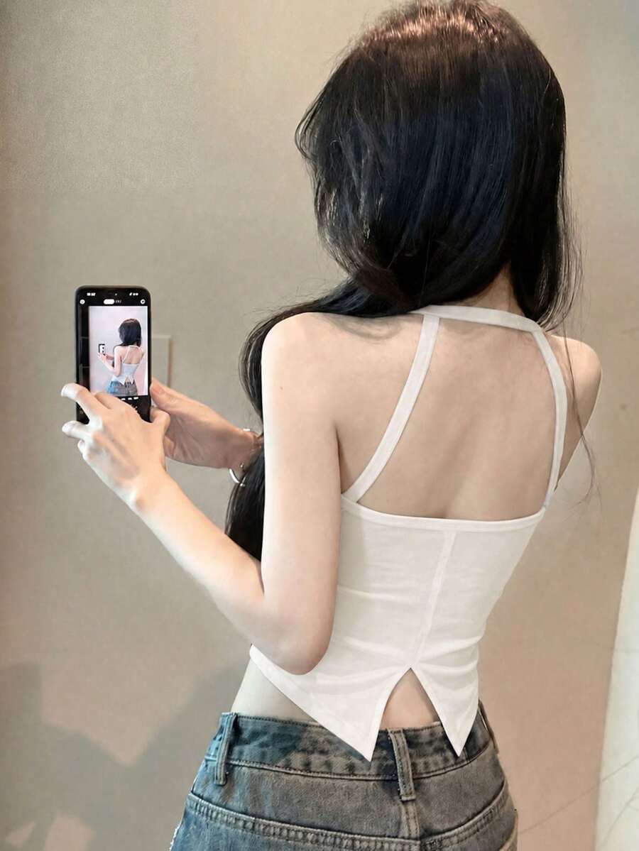 女款黑色露背細肩帶背心,夏季穿著,加墊,無袖,白色休閒款 - 白色 - 查看 1