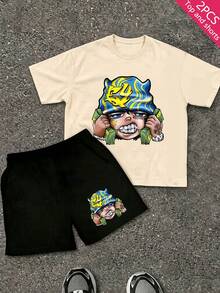 2-Piece Children's Graphic Short-Sleeved T-Shirt And Elastic Waist Shorts Set, Suitable For Both Boys And Girls, Youth T-Shirt, Boys' Set. - 杏色+黑色 - 查看 1