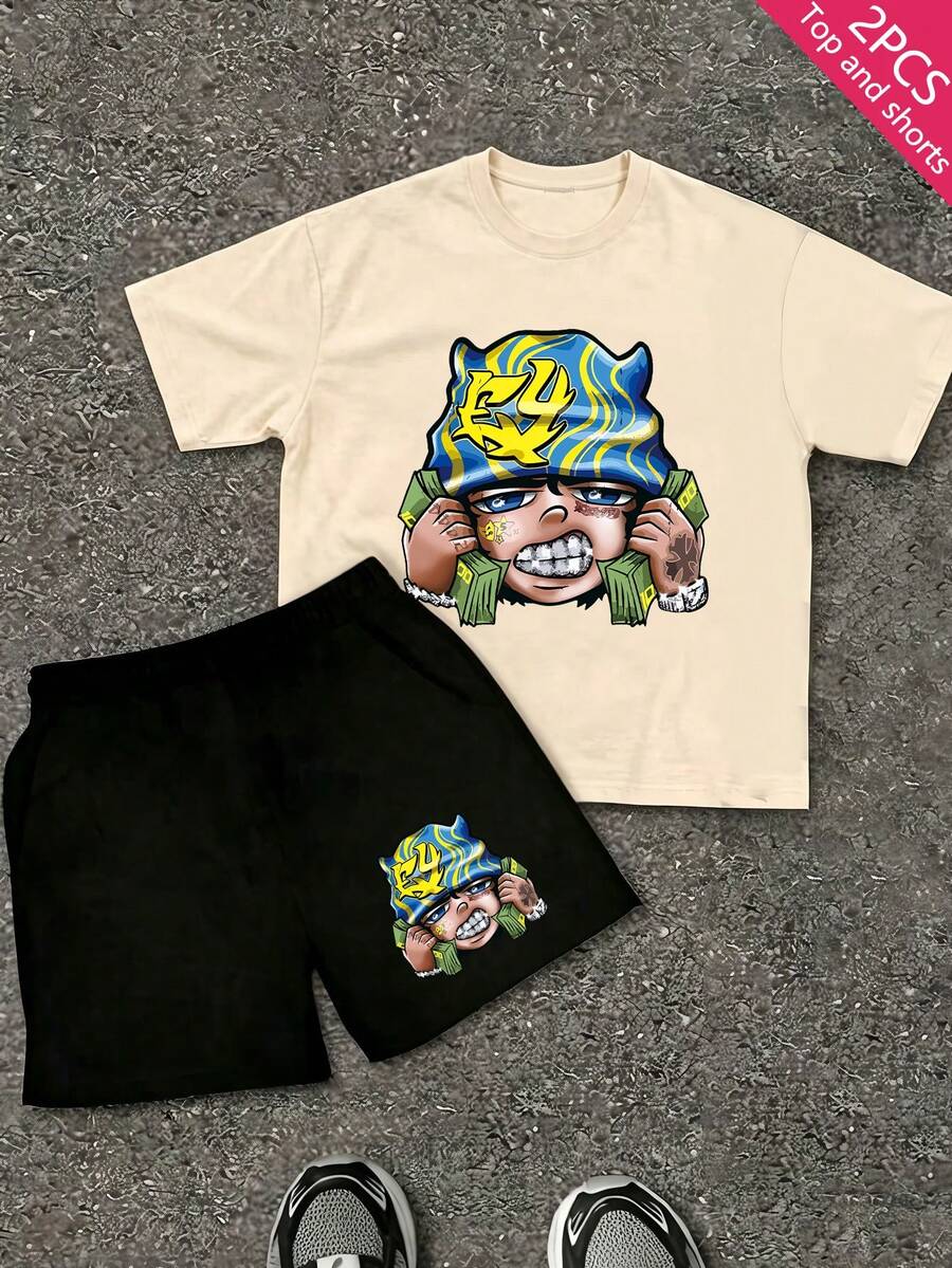 2-Piece Children's Graphic Short-Sleeved T-Shirt And Elastic Waist Shorts Set, Suitable For Both Boys And Girls, Youth T-Shirt, Boys' Set. - 杏色+黑色 - 查看 1