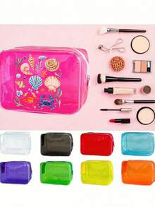 Bolsa de Armazenamento Transparente e À Prova d'Água, Bolsa de Cosméticos com Zíper e Estampa de Concha Marinha de Desenho Animado, Bolsa de Armazenamento Multifuncional com Grande Capacidade e À Prova d'Água, Bolsa de Higiene Pessoal Transparente para Mulheres, Bolsa de Higiene Dobrável e Leve, Organizador de Cosméticos Portátil para Viagem e Cuidados Pessoais. Presente para o Dia do Professor, Dia das Mães, Volta às Aulas, Férias - Multicolorido - Visão 6