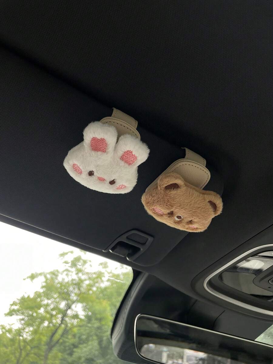 1pc Shy Bear & Rabbit Car Fashion Glasses Clip, Creative Multifunctional Car Sun Visor Storage Clip Glasses Holder, Cartoon Plush Accessory Blush Bear & Rabbit Car Fashion Glasses Clip, Magnetic Fashion Glasses Storage Multifunctional Car Interior Fashion Glasses Clip, Leather Car Interior Sun Visor Storage Clip Fashion Glasses Holder Interior Accessory