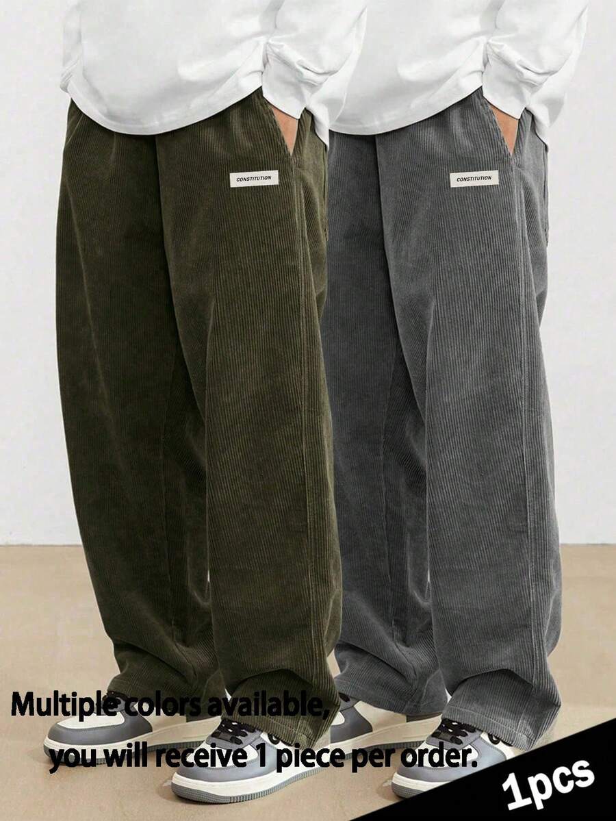 1pc Teen Boys Loose Casual Sports Solid Color Versatile Corduroy Straight Pants - Army Green - View 1