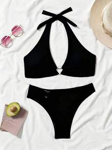 New 2026 Model: Women's Heart-Shaped Neck Tie Bikini Set - 皇家藍 - 查看 10