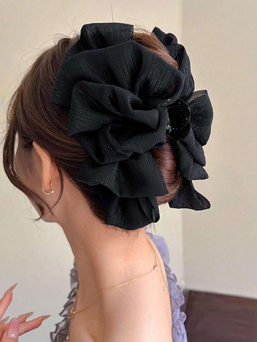 1pc Women's Solid Color Shiny Seersucker Bow Hair Clip, Elegant Fashion Claw Clip, Suitable For Daily Use - Black - View 1