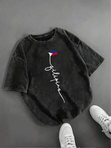 Camiseta Vintage de Manga Corta con Estampado de la Bandera de Filipinas, Cuello Redondo, Lavado Casual para Uso Diario - Negro - Ver 1