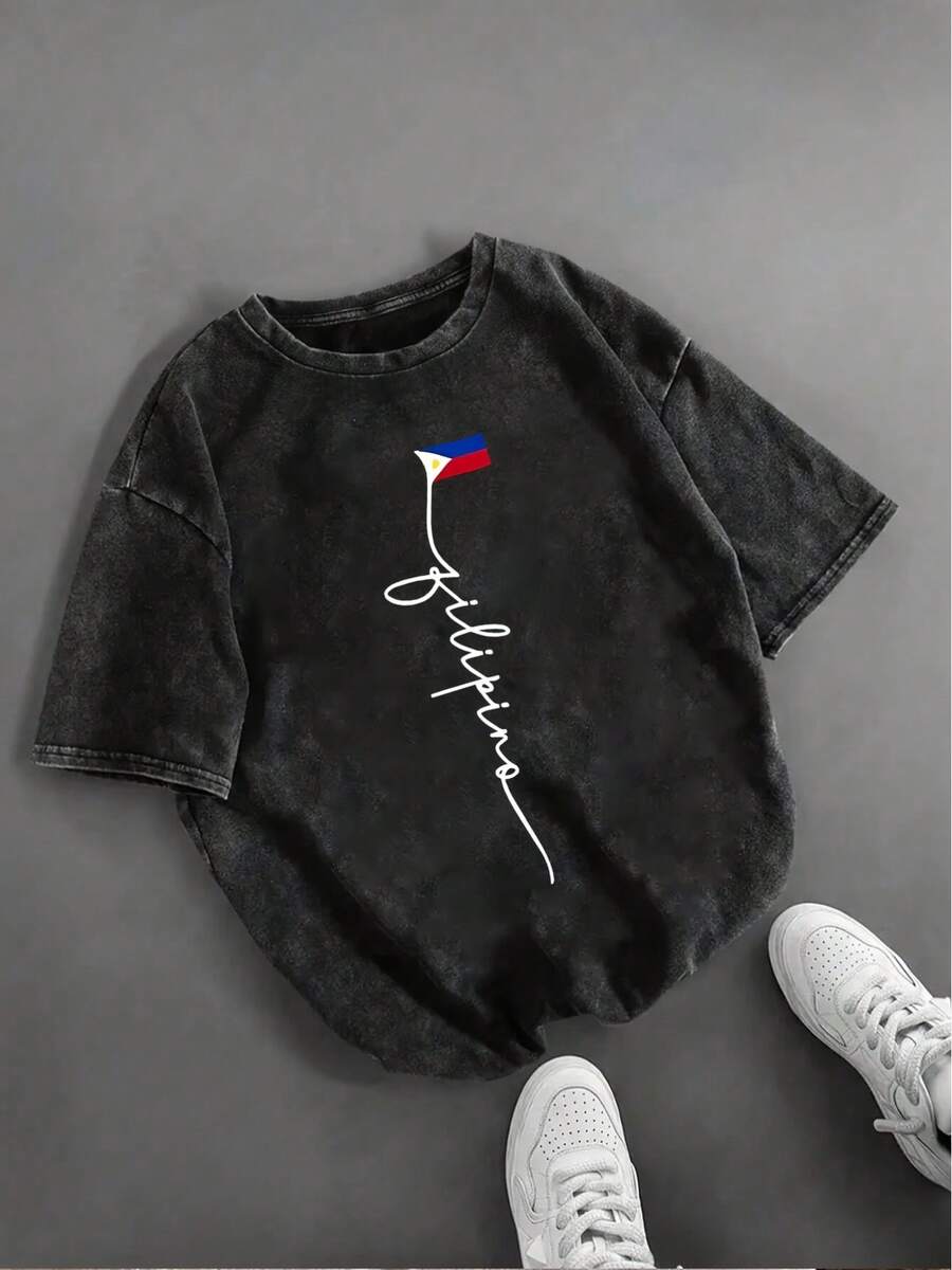 Camiseta Vintage de Manga Corta con Estampado de la Bandera de Filipinas, Cuello Redondo, Lavado Casual para Uso Diario - Negro - Ver 1