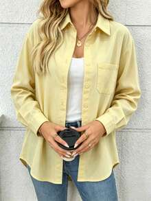 Plus Size Women's Solid Color Pocket Front Button-Down Casual Shirt - Light Yellow - View 2