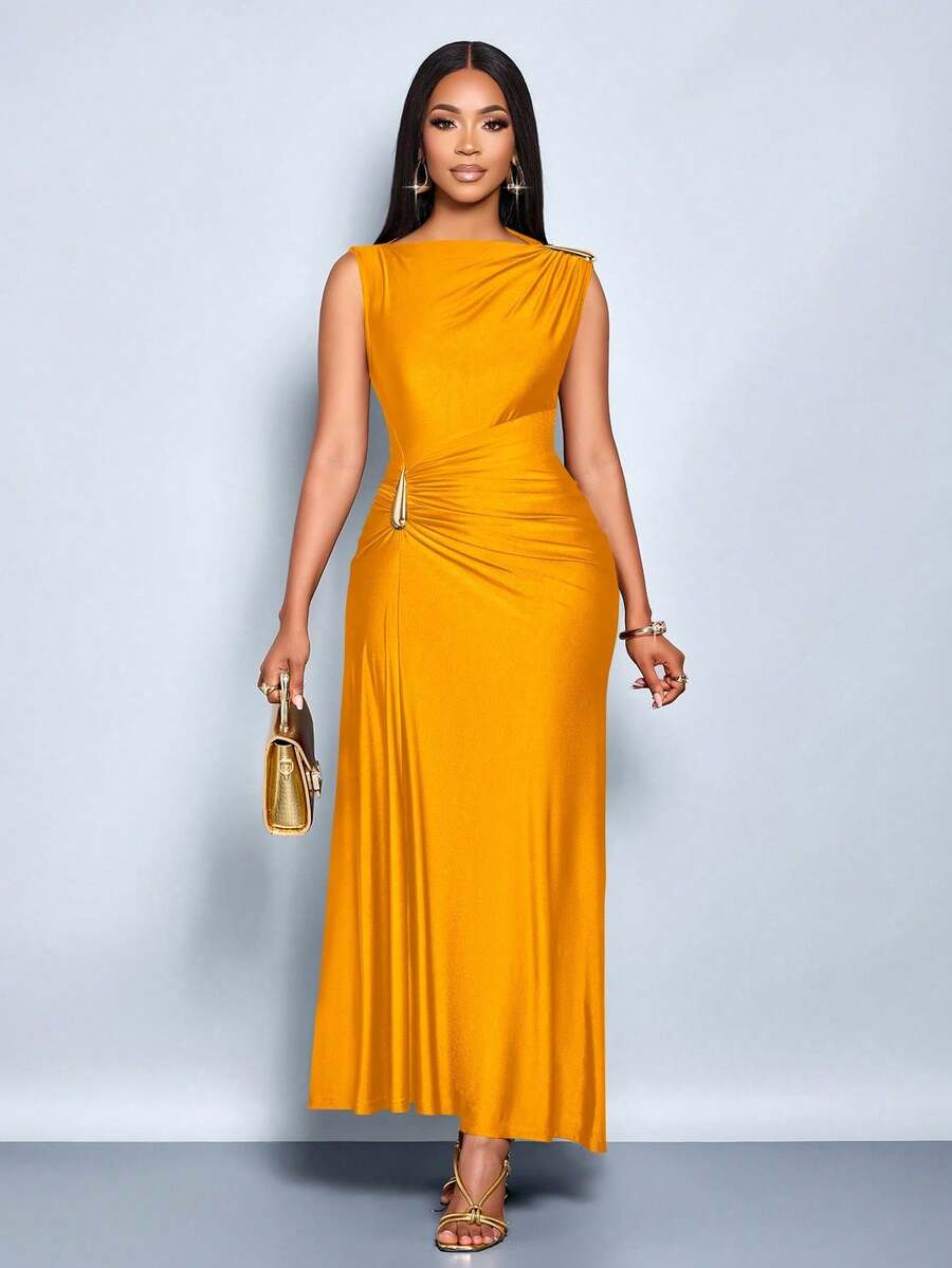 YkhahaYkhahaSOLERSUN Vestido elegante de mujer con decoración de metal de unicolor, ajuste delgado, adecuado para el uso diario, compras, fiestas y reunionesYkhahaYkhaha - Naranja - Ver 1