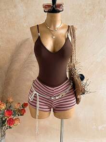 de baño de una pieza de unicolor para mujer con shorts estampados con lunares, conjunto de traje de baño para mujer, trajes de baño para mujer - Rosa - Ver 1