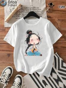 Camiseta de manga corta holgada 100% algodón para mujer - Bonita camiseta de cuello redondo con estampado de dibujos animados y geométricos, transpirable e informal para primavera y verano ( - Blanco - Ver 1