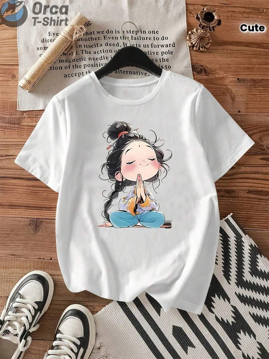 Camiseta de manga corta holgada 100% algodón para mujer - Bonita camiseta de cuello redondo con estampado de dibujos animados y geométricos, transpirable e informal para primavera y verano ( - Blanco - Ver 1