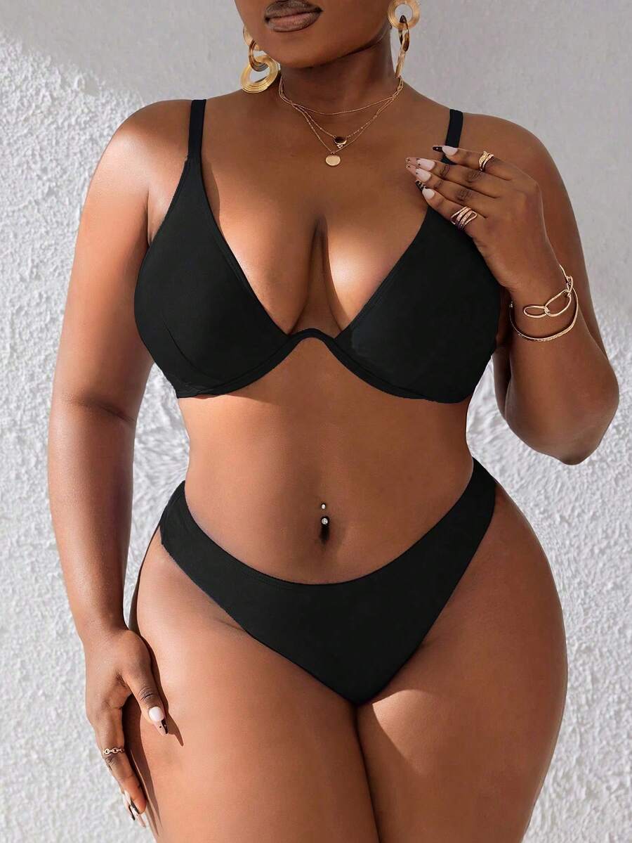 Conjunto De Bikini De Talla De Color Sólido Con Aro - Negro - Ver 1