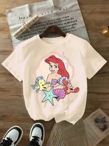 Disney The  Ariel Women T Shirt Casual Black Short Sleeve O Neck Top Featuring Ariel Flounder And Sebastian Print - 粉色 - 查看 5
