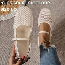 Summer New Mesh Hollow Out Ballet Women Shoes, Low Vamp Square Toe Buckle Breathable Flat Shoes, Daily Commute Versatile - Chantilly - View 1