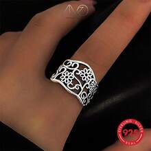 925 Sterling Silver Vintage Hollow Flower Design Open Ring, Smooth Finish, Adjustable, Suitable For Daily Wear, Party, Gift For Family And Friends, Birthday, Holiday - Gift Box - Antique Silver - View 5