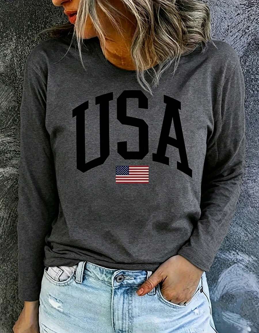 Women's USA Flag Long Sleeve Tee, Patriotic Crewneck Top, Loose Soft Fit, 4th Of July Outfit, US Pride Minimalist American Casual Everyday Apparel - 灰色 - 查看 1