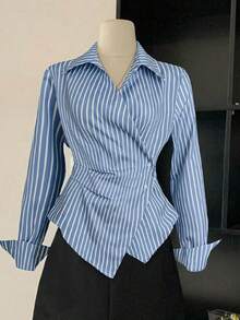 Asymmetrical Long Sleeve Striped Shirt 2026 - Blue - View 8