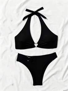 New 2026 Model: Women's Heart-Shaped Neck Tie Bikini Set - Black - View 6