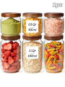 1pc (1.1L/0.5L) Glass Storage Jar With Oak Wood Lid, Airtight Sealed Glass Canister With Stackable Design, Tidy And Organized For Food And Grains Storage In Kitchen And Cabinet - Multicolor - View 1