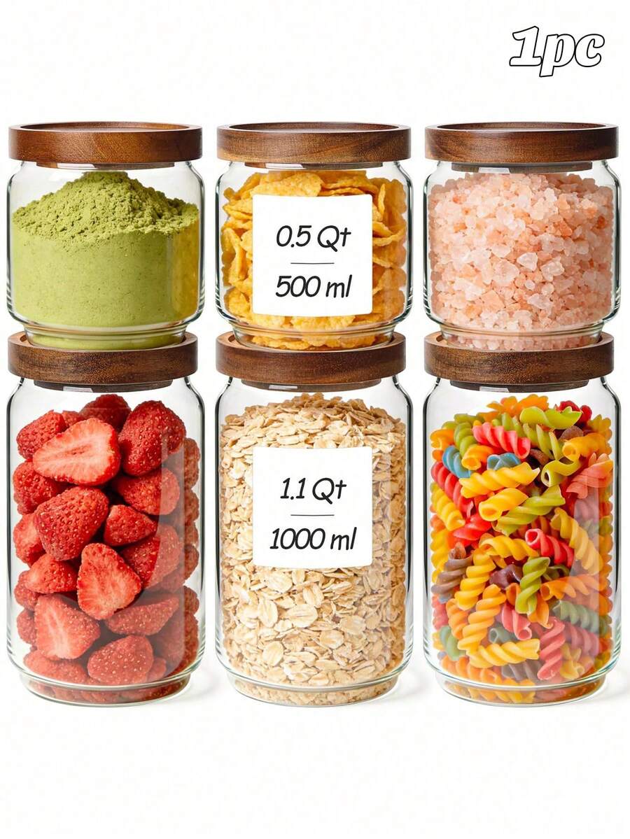 1pc (1.1L/0.5L) Glass Storage Jar With Oak Wood Lid, Airtight Sealed Glass Canister With Stackable Design, Tidy And Organized For Food And Grains Storage In Kitchen And Cabinet - Multicolor - View 1
