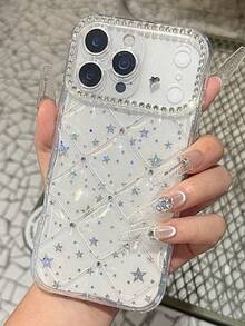 Luxury Quilted Rhinestone Frame With Sparkling Star Transparent Full Coverage Shockproof Phone Case Protective Cover Compatible With IPhone 17 Pro Max 17e 13 14 15 16e - Clear - View 3