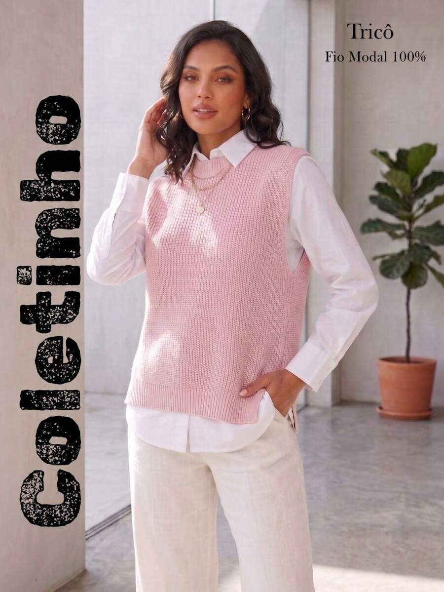 Women's Knitted Vest With Ribbed Crew Neck, Sleeveless, Casual And Elegant Knitwear For Autumn/Winter - 羅莎 - 查看 1