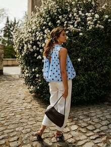 New Women's Bow Woven Fabric Backless Sleeveless Printed Polka Dot Top Tank Shirt Casual Spring Summer Blouse - Blue - View 5