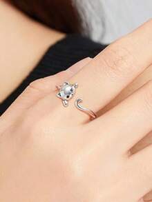 Nhẫn đuôi mèo điều chỉnh được, nhẫn quấn hở mạ bạc hình mèo con dễ thương với mắt đen, trang sức động vật thời trang cho nữ đeo hàng ngày - Bạc - Xem 2