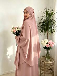 2件組 Nida面料女款寬鬆舒適Khimar長袍套裝，適合日常外出與祈禱穿著，四季皆宜，穆斯林伊斯蘭服飾Khimar頭巾祈禱吉爾巴布 - 彩色 - 查看 2