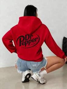 Letter Graphic Oversized Hoodie, Bright Red Not Burgundy, Y2K Style Fall Winter Christmas Outfit - 紅色2 - 查看 5