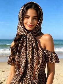 1pc Women's Fashion Leopard Print 90cm Square Scarf, Multifunctional Headscarf, Suitable For All Seasons Outfit Matching - Coffee Brown - View 1