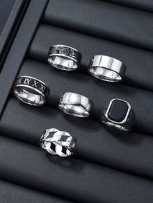 6pcs Dark Style Stainless Steel Men's Rings, Roman Numeral Black Agate Geometric Men's Rings, Daily Versatile Accessories - Multicolor - View 8