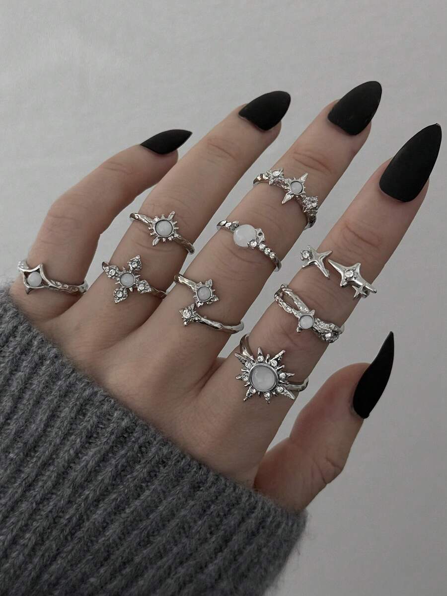9PCS INS Style Asymmetrical Star Opal Rings, Sweet Cool Hip-Hop Minimalist Cross Rhinestone Set For Women - Silver - View 1