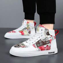 1 Paar Herren Mode High-Top Skateboard Schuhe, Zufälliges Muster Hip-Hop Herren Schuhe, Bequeme Lässige Sportschuhe - Rot-Weiß - Übersicht 5
