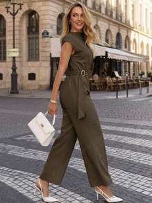 Perirose Tuta da business casual con collo alto, maniche corte, vita annodata e gamba ampia, outfit semi-formale per estate e autunno, adatto per ufficio, cena, festa, shopping - Castano - Visualizzare 6