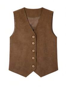 Women's Suede Vest Spring Design Minimalist Premium Single-Breasted Solid Color Waistcoat Top Fall - Coffee Brown - View 1