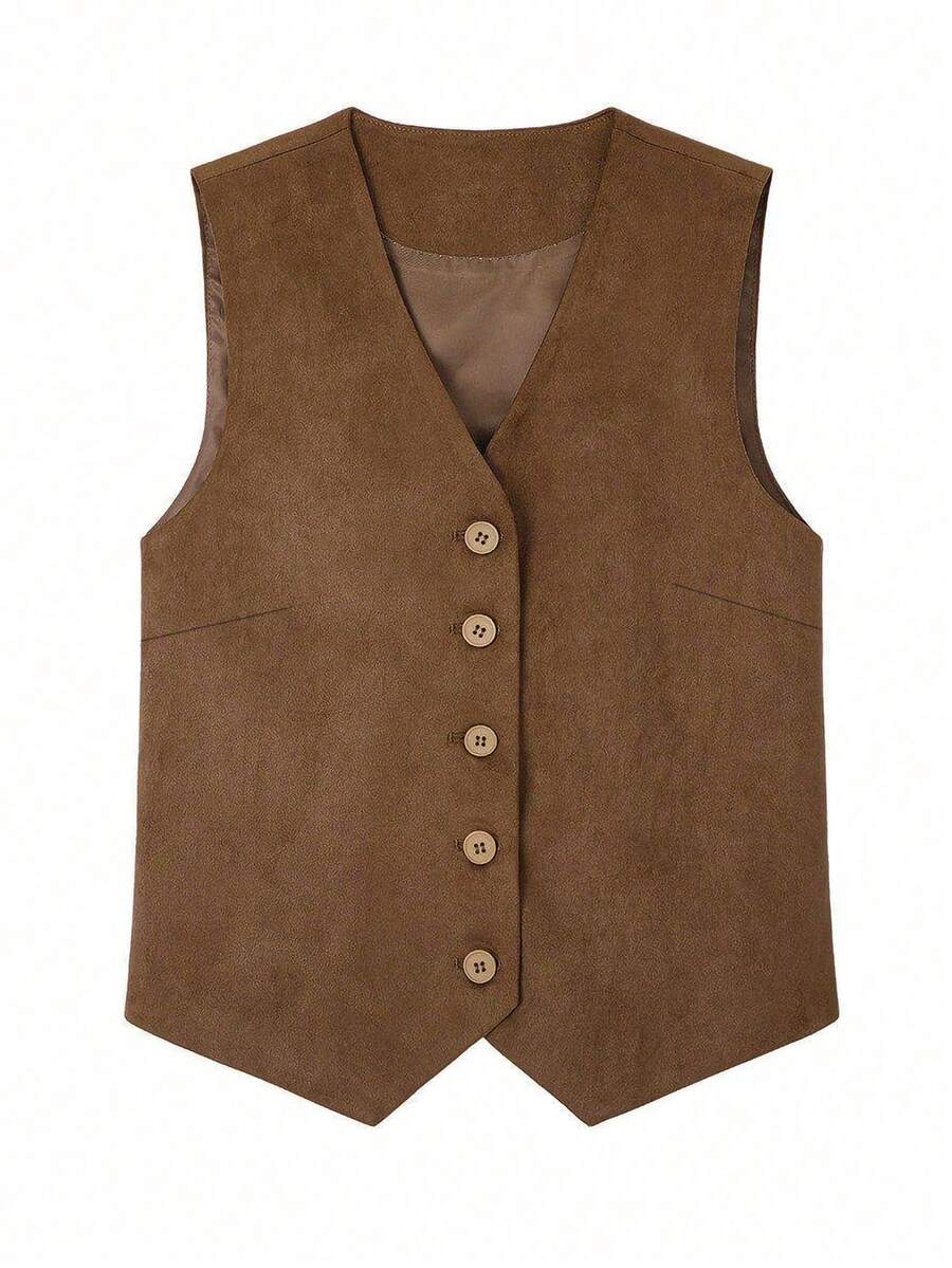 Women's Suede Vest Spring Design Minimalist Premium Single-Breasted Solid Color Waistcoat Top Fall - Coffee Brown - View 1