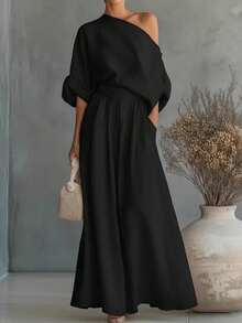 Women's One Shoulder Loose Top And Wide Leg Pants Two-Piece Set, With A Simple And Elegant Style, Perfect For City Exploration And Exquisite Travel - Dark Brown - View 2