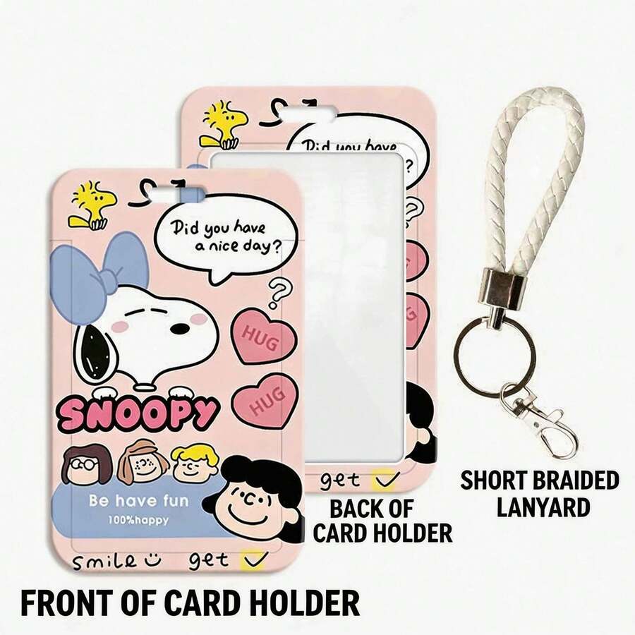 MINISO Sweet Snoopy Peanuts 動漫直式滑卡套,可愛卡通 ID 名牌套,附編織皮革掛繩鑰匙圈吊飾,開學季黃色粉色學生女孩禮物 - 粉紅色-白色繩子 - 查看 1