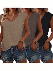 3pcs Solid Color Plus Size V-Neck T-Shirts, Casual Short Sleeve T-Shirts Spring/Summer, Women's Clothing - Light Brown + Dark Brown + Black - View 2